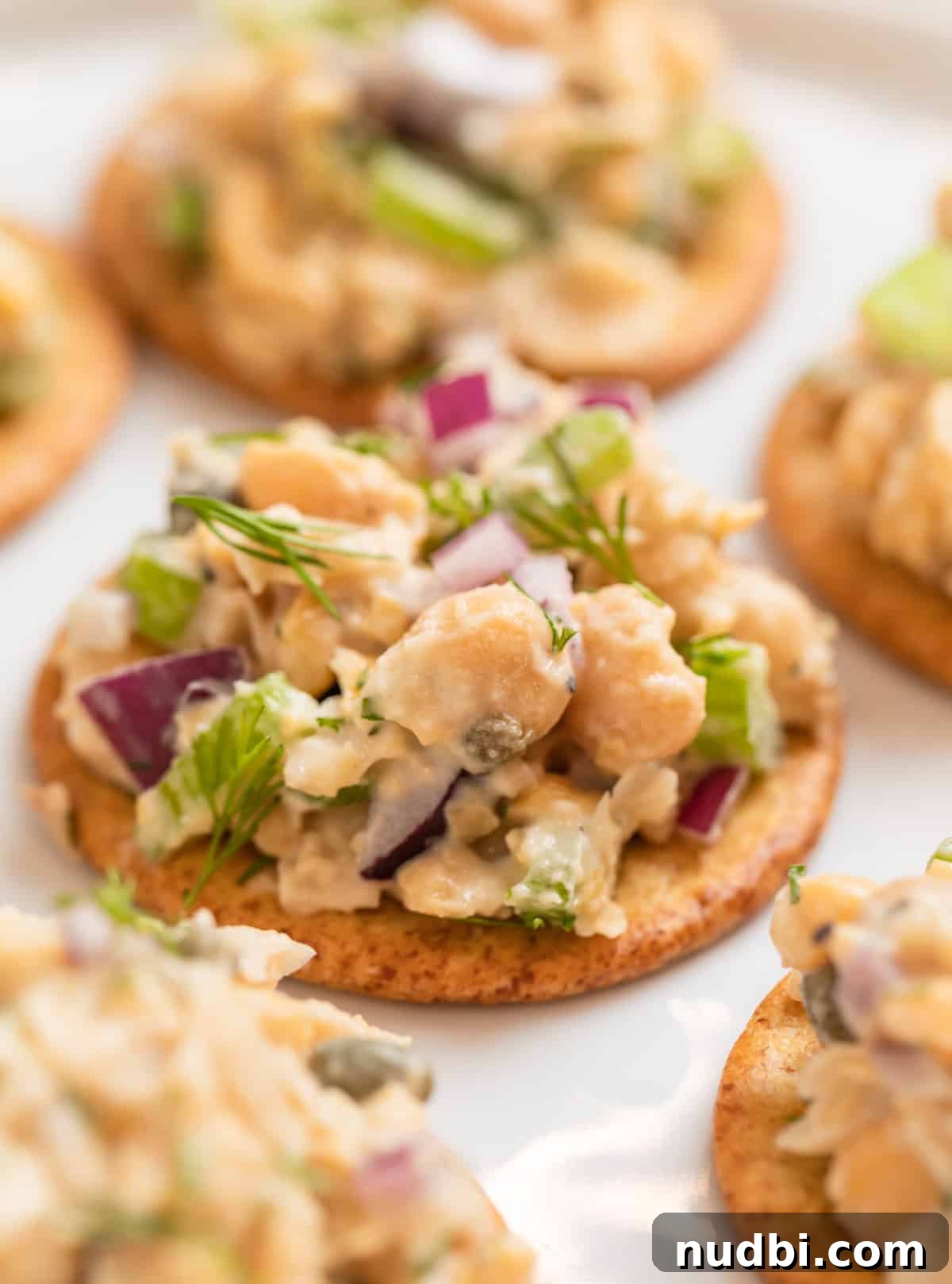 Vegan Chickpea Tuna Salad Recipe — Creamy Plant-Based Lunch 9 Crackers lined on white plate with vegan tuna on top.