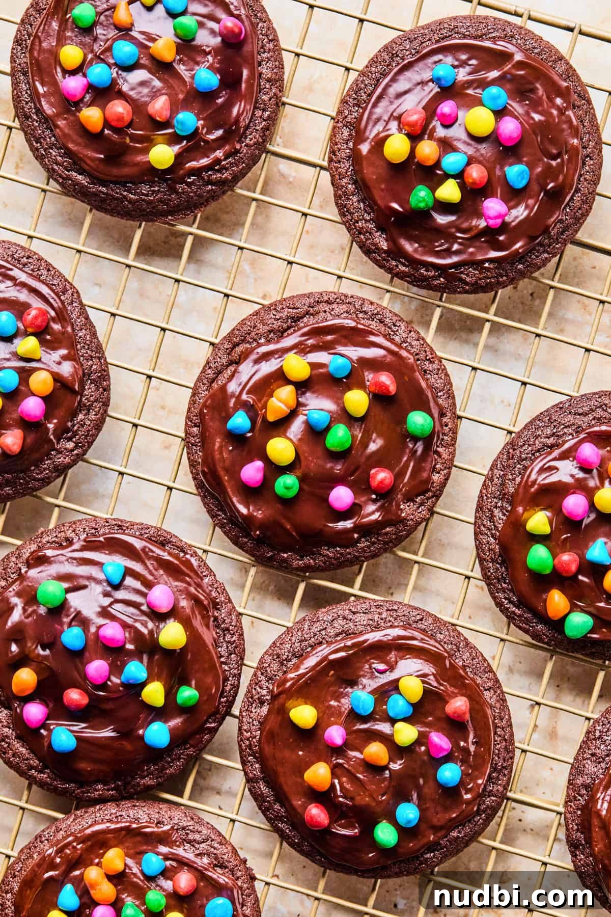 Cosmic Brownie Cookie Recipe: Fudgy, Colorful Chocolate Cookies 2 Cosmic brownie chocolate cookies on cooling rack.