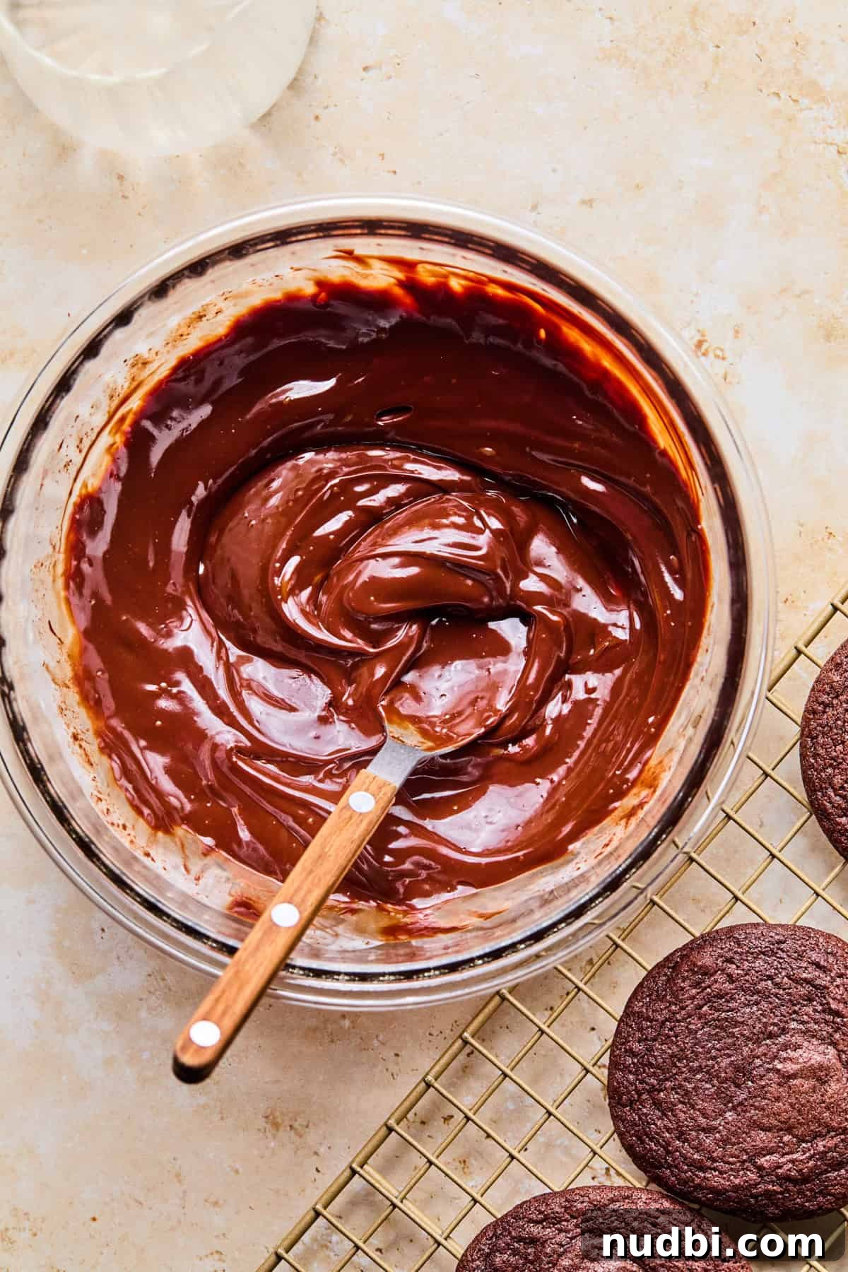 Cosmic Brownie Cookie Recipe: Fudgy, Colorful Chocolate Cookies 13 Chocolate ganache in glass bowl.