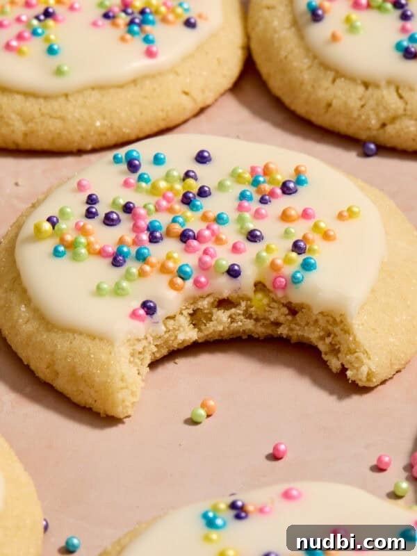 Cosmic Brownie Cookie Recipe: Fudgy, Colorful Chocolate Cookies 16 Eggless sugar cookies on surface with bite taken out of cookie.
