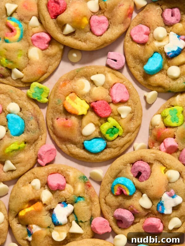 Cosmic Brownie Cookie Recipe: Fudgy, Colorful Chocolate Cookies 19 Lucky charm and white chocolate chip cookies on surface.