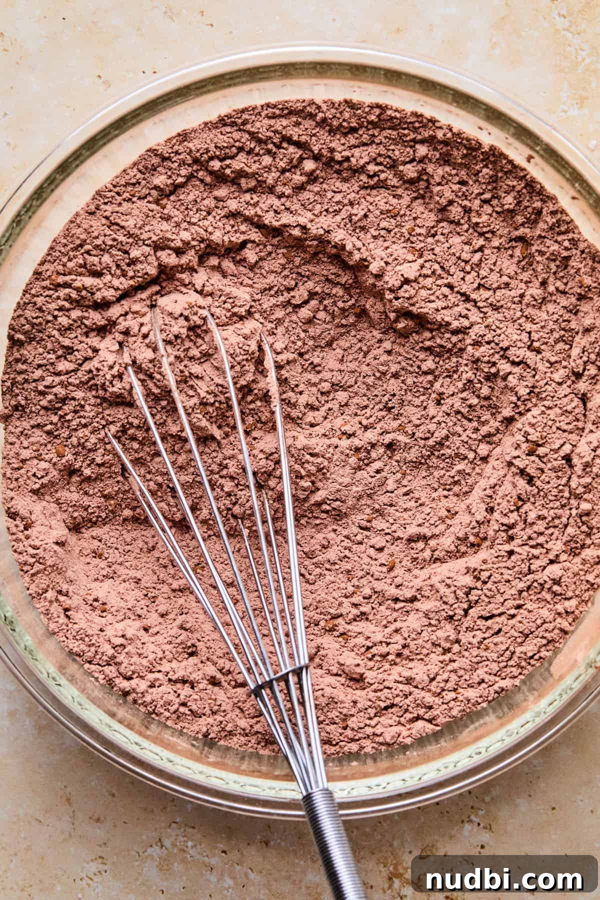 Cosmic Brownie Cookie Recipe: Fudgy, Colorful Chocolate Cookies 5 Mixing bowl with whisk and dry ingredients mixed together.