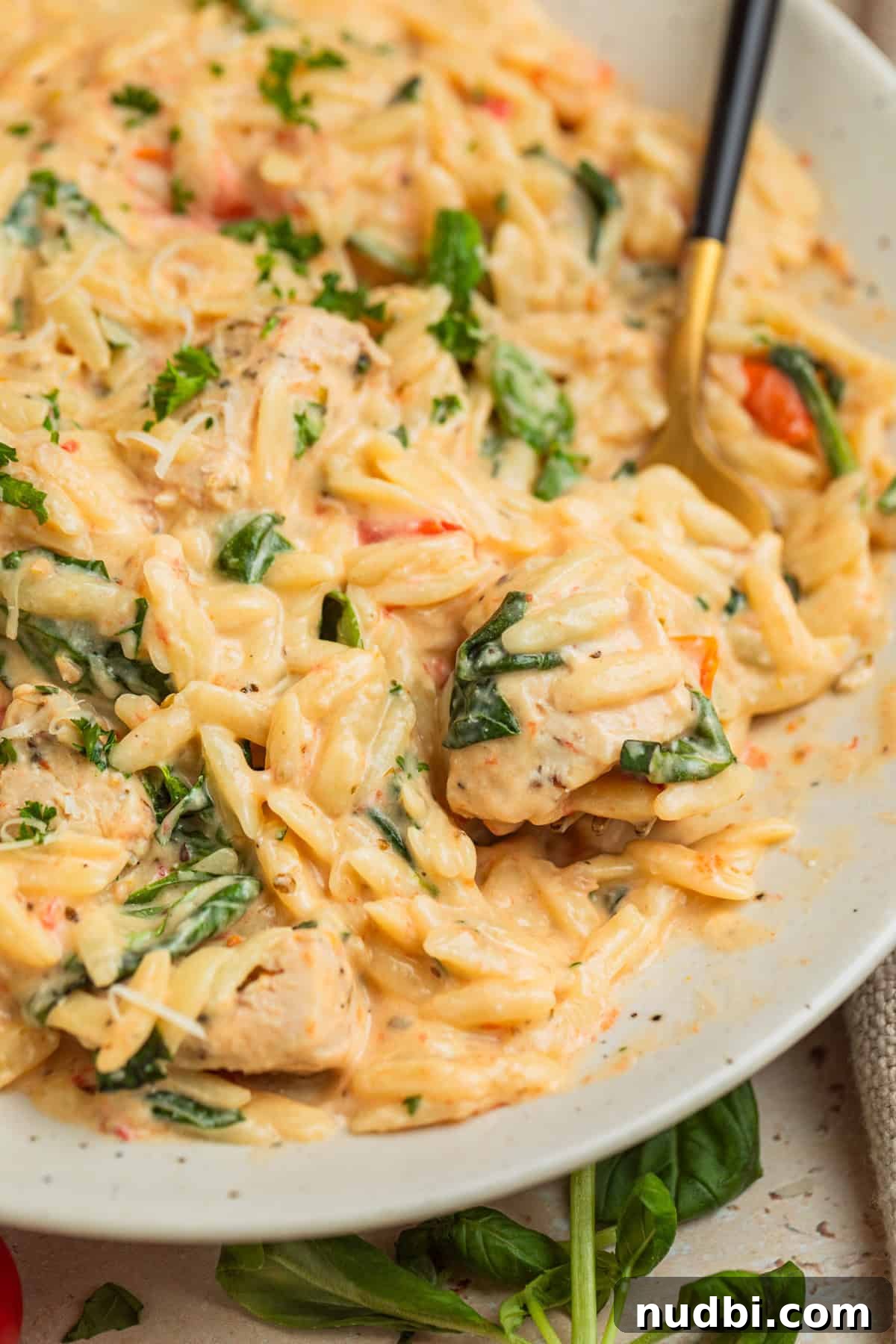 Creamy Baked Chicken and Orzo Casserole for Weeknight Dinners 11 Forkful of orzo with chicken and spinach on plate.