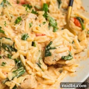 Creamy Baked Chicken and Orzo Casserole for Weeknight Dinners 12 Fork scooping into creamy baked chicken orzo on plate.