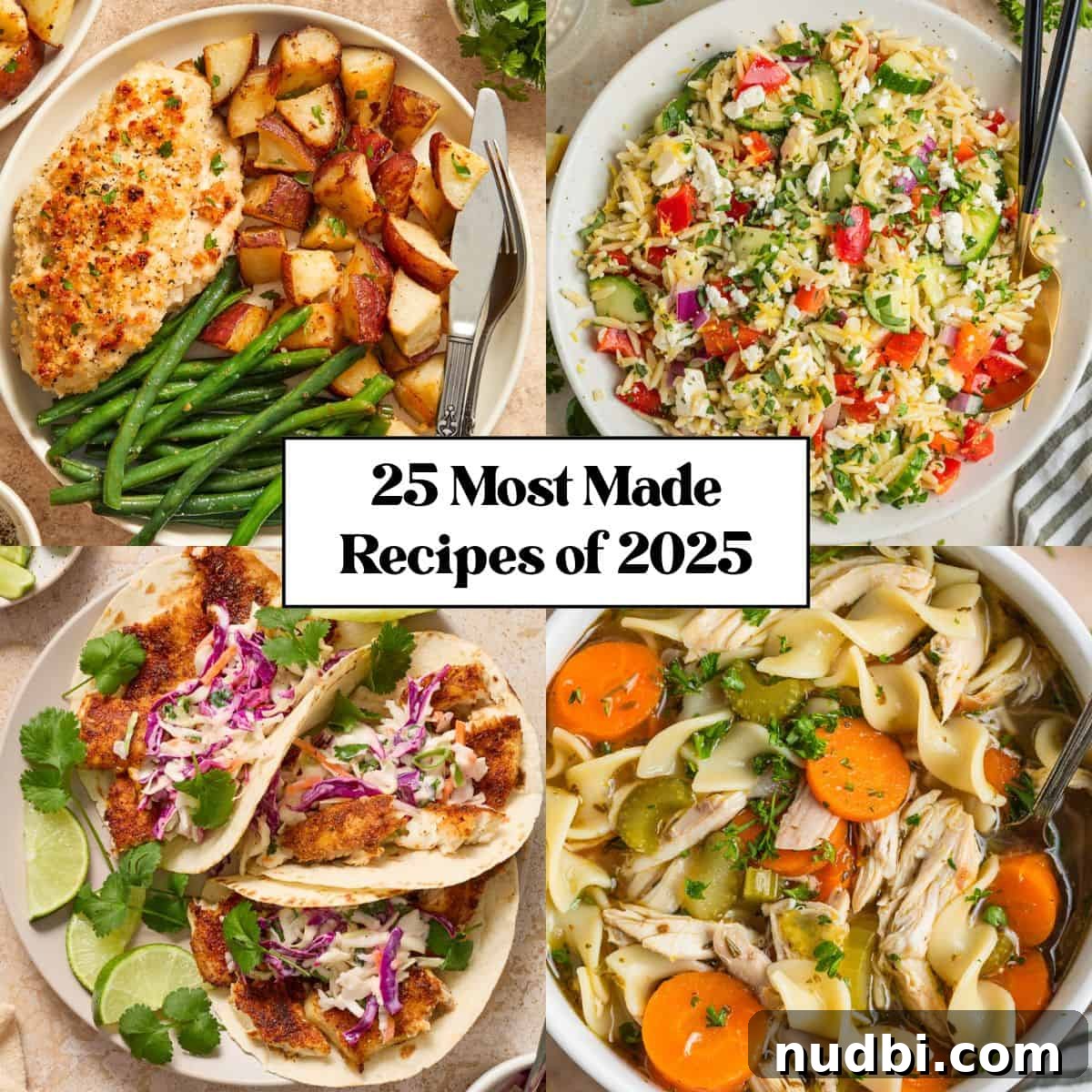 25 Must-Try Recipes Trending in 2025 2 Collage of food images including tacos, soup, salad and chicken dinner.