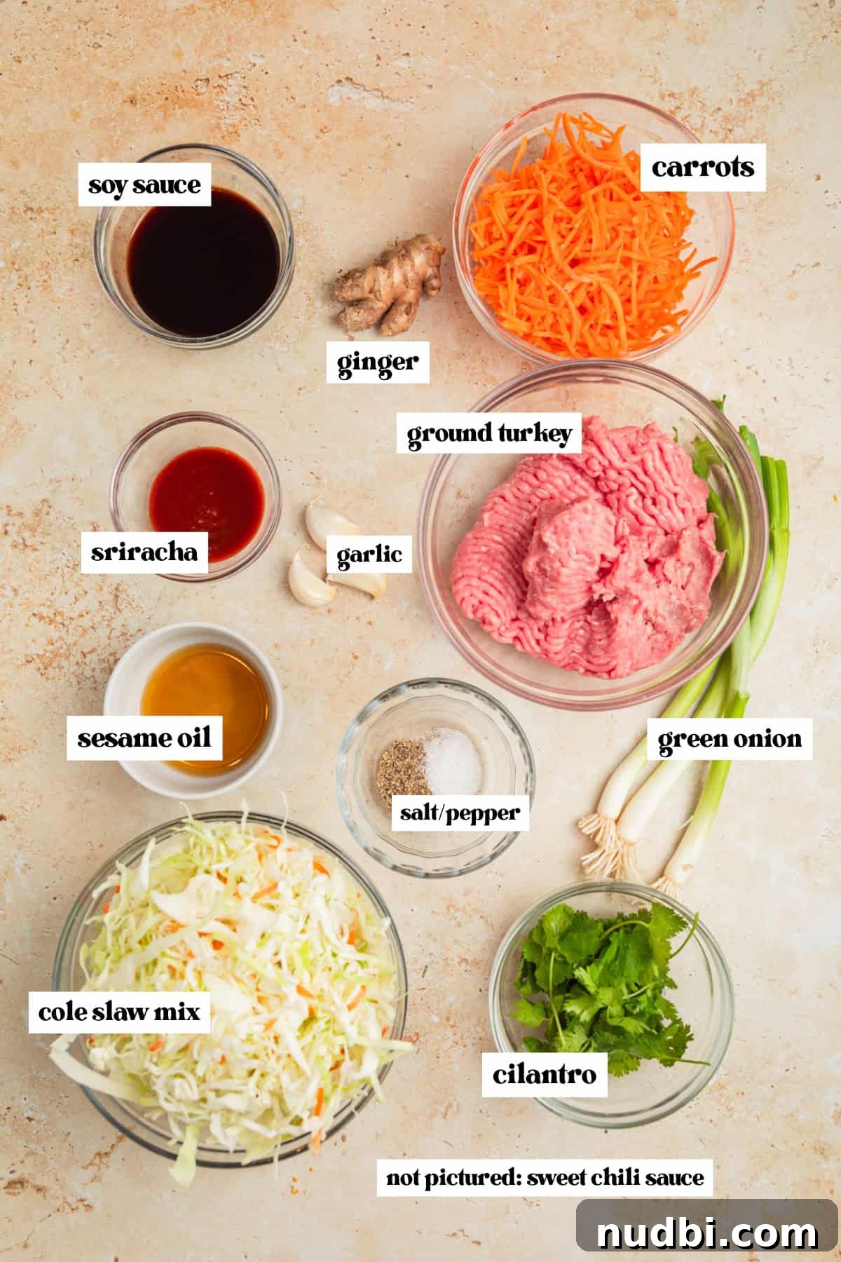 Ground Turkey Egg Roll Bowl Recipe with Asian Slaw 4 Cole slaw, ginger, soy sauce, and other ingredients arranged for recipe on surface.