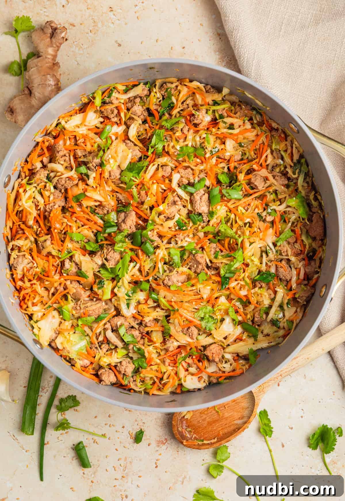 Ground Turkey Egg Roll Bowl Recipe with Asian Slaw 8 One pan turkey egg roll bowl recipe prepped in pan and ready to serve.