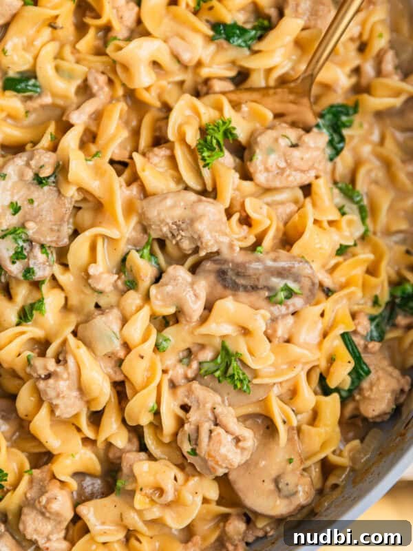 Ground Turkey Egg Roll Bowl Recipe with Asian Slaw 9 Skillet with ground turkey stroganoff with egg noodles and mushrooms and topped with chopped parsley.