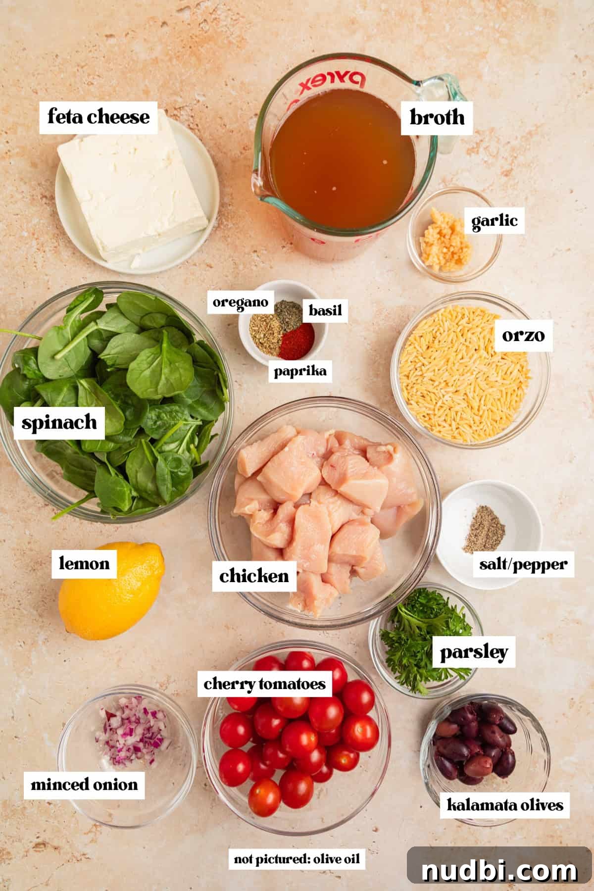 Greek Chicken with Lemon Orzo Pilaf: Flavorful Mediterranean Recipe 4 Tomatoes, parsley, garlic, chicken, broth and other ingredients labeled.
