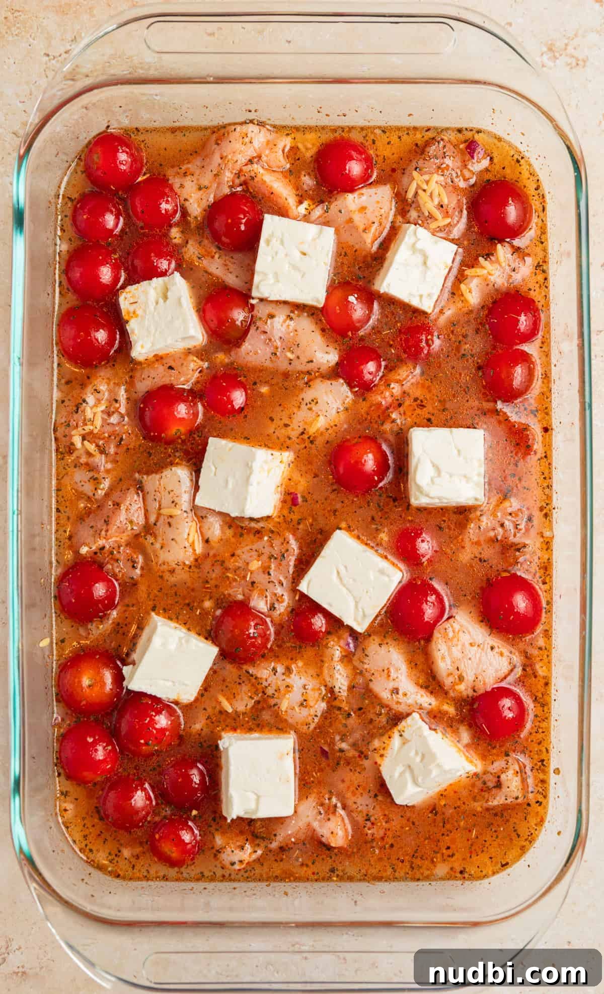 Greek Chicken with Lemon Orzo Pilaf: Flavorful Mediterranean Recipe 6 Chicken, orzo and tomatoes in baking pan with broth and feta cubes.