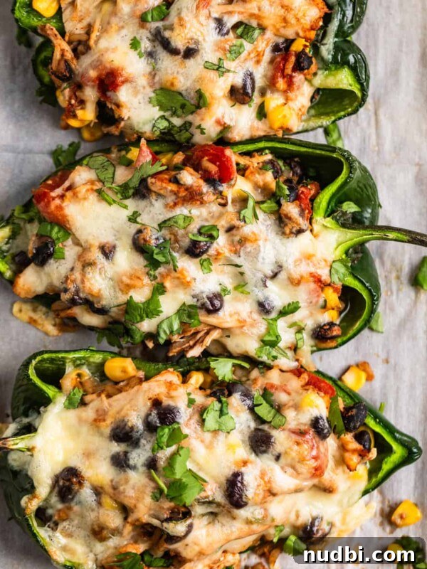 Greek-Style Sheet Pan Chicken Dinner with Lemon & Olives 13 Chicken stuffed poblano peppers on parchment topped with cheese and cilantro.