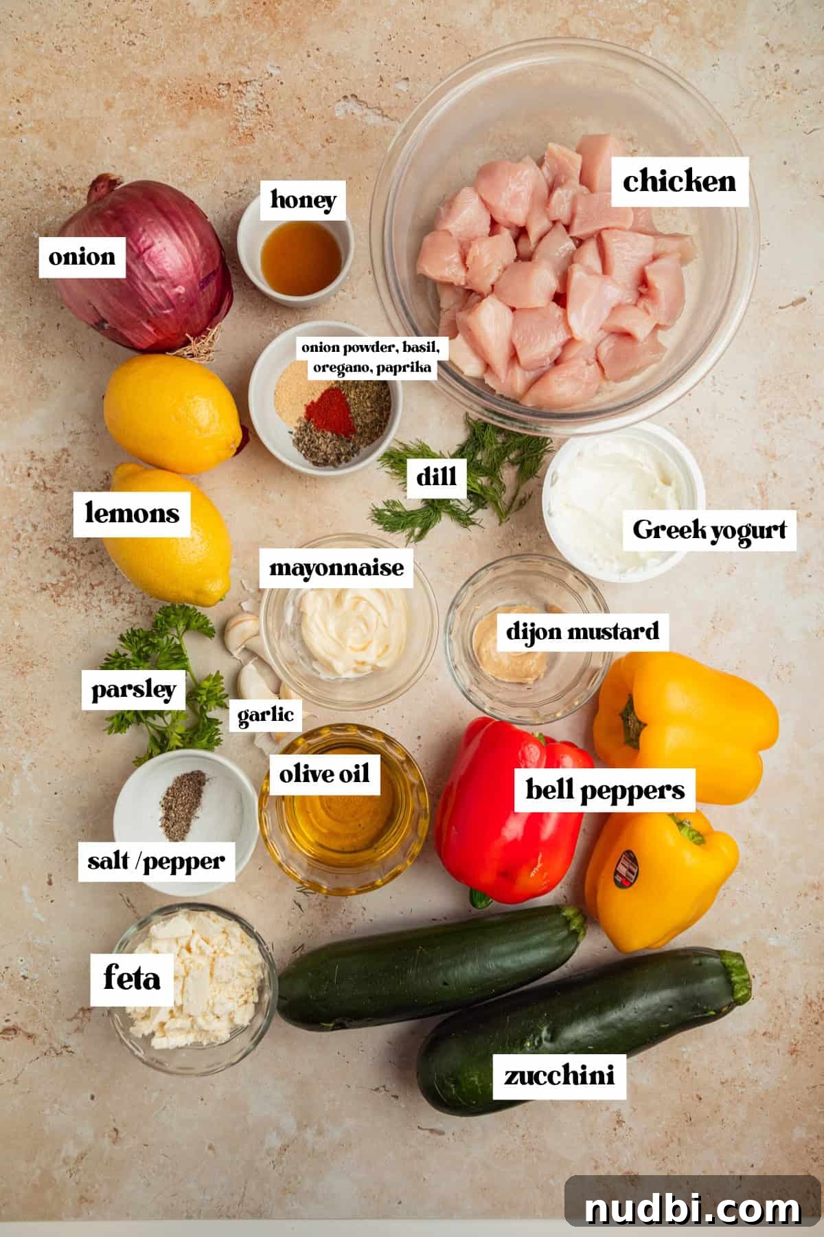 Greek-Style Sheet Pan Chicken Dinner with Lemon & Olives 4 Vegetables, olive oil, feta, chicken and other labeled ingredients for recipe.