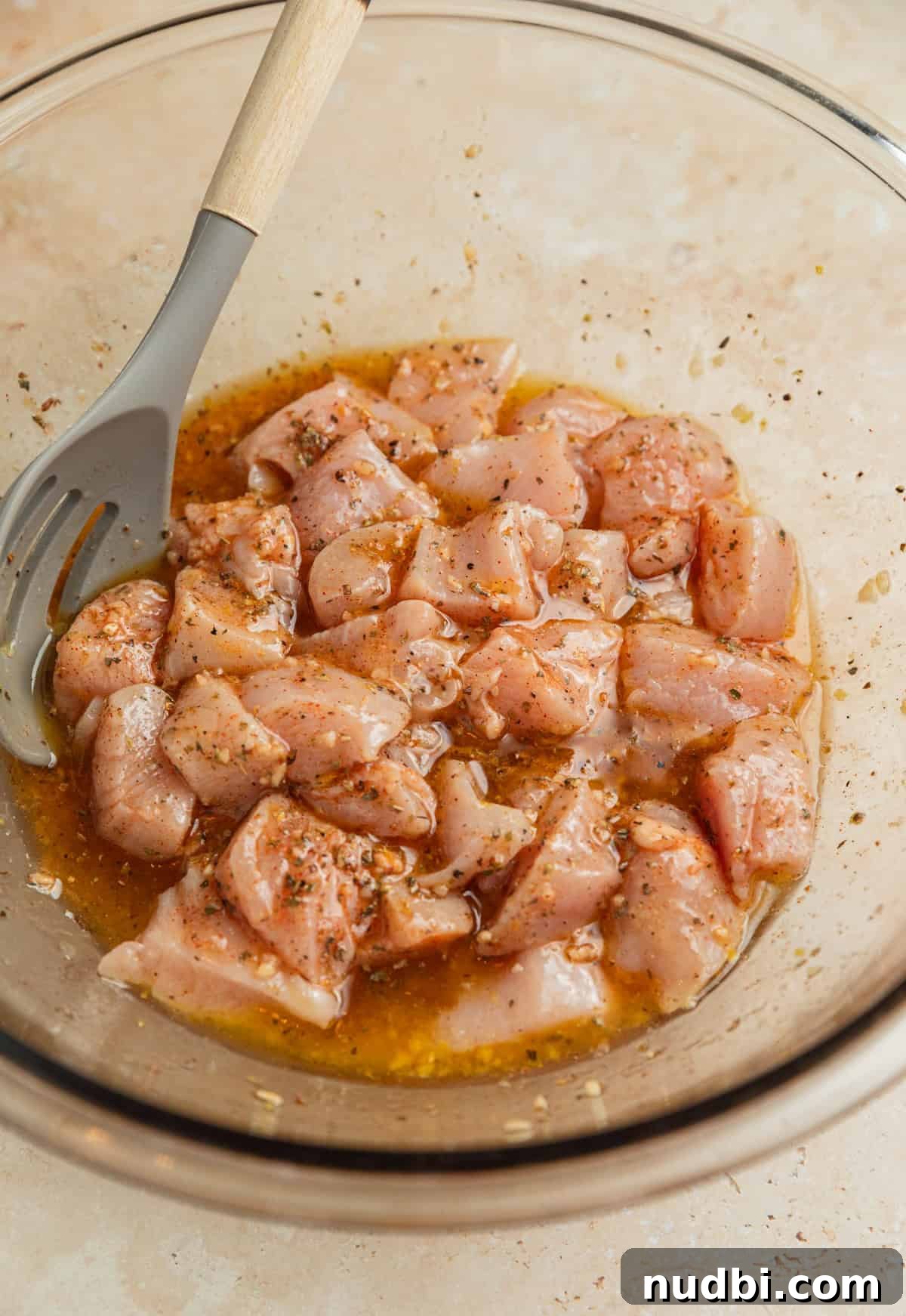 Greek-Style Sheet Pan Chicken Dinner with Lemon & Olives 5 Cubed chicken tossed in Greek marinade in glass bowl.