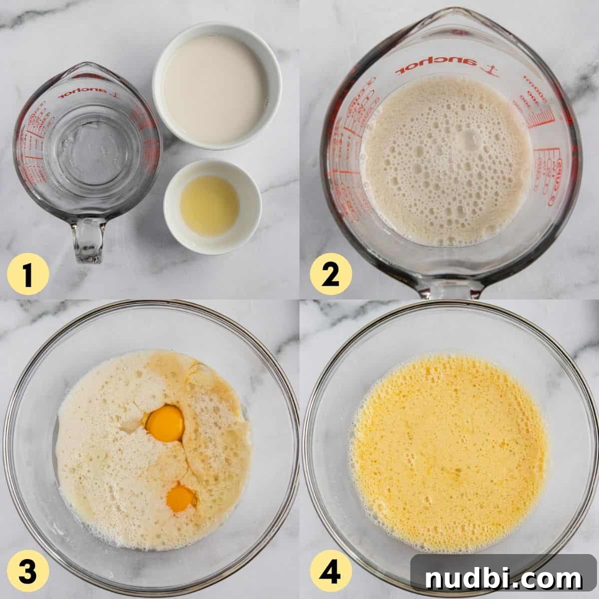 Fluffy Dairy-Free Pancakes: Simple Vegan Breakfast Recipe 4 Wet ingredients in mixing bowl and vegan dairy free buttermilk being made.