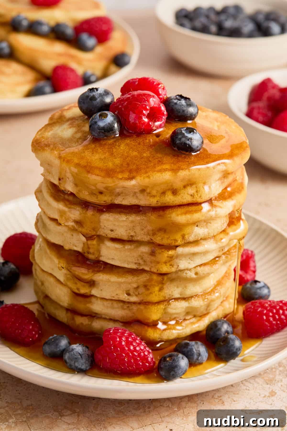 Fluffy Dairy-Free Pancakes: Simple Vegan Breakfast Recipe 5 Stack of dairy free buttermilk pancakes topped with syrup and berries.
