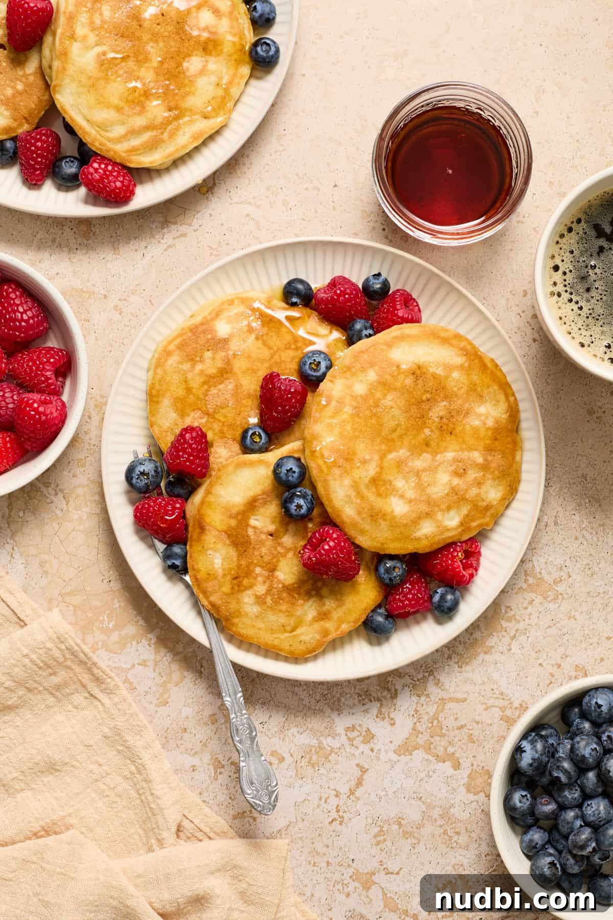 Fluffy Dairy-Free Pancakes: Simple Vegan Breakfast Recipe 6 Plate with pancakes topped with blueberries and raspberries and fork on plate.