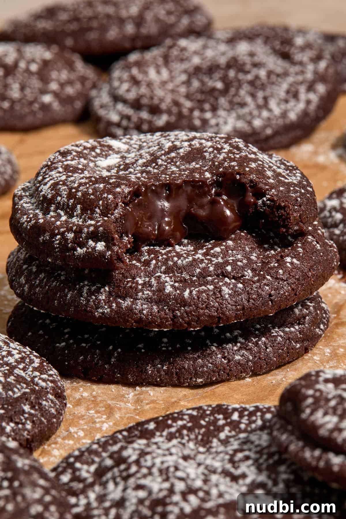Molten Chocolate Lava Cookies Recipe: Gooey Center Cookies Tutorial 15 Stack of chocolate lava cookies with powdered sugar sprinkled over top.