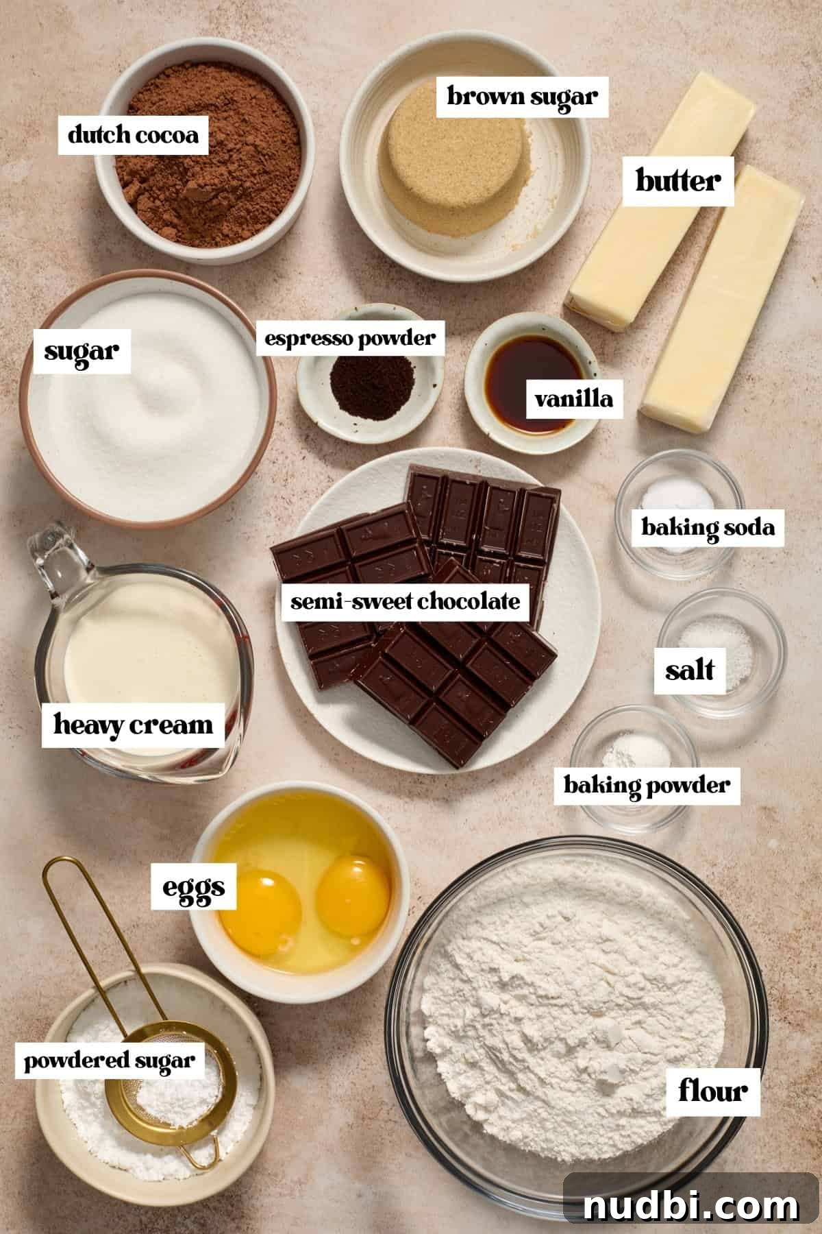 Molten Chocolate Lava Cookies Recipe: Gooey Center Cookies Tutorial 4 Flour, cocoa powder, eggs, sugar and other ingredients for recipe.