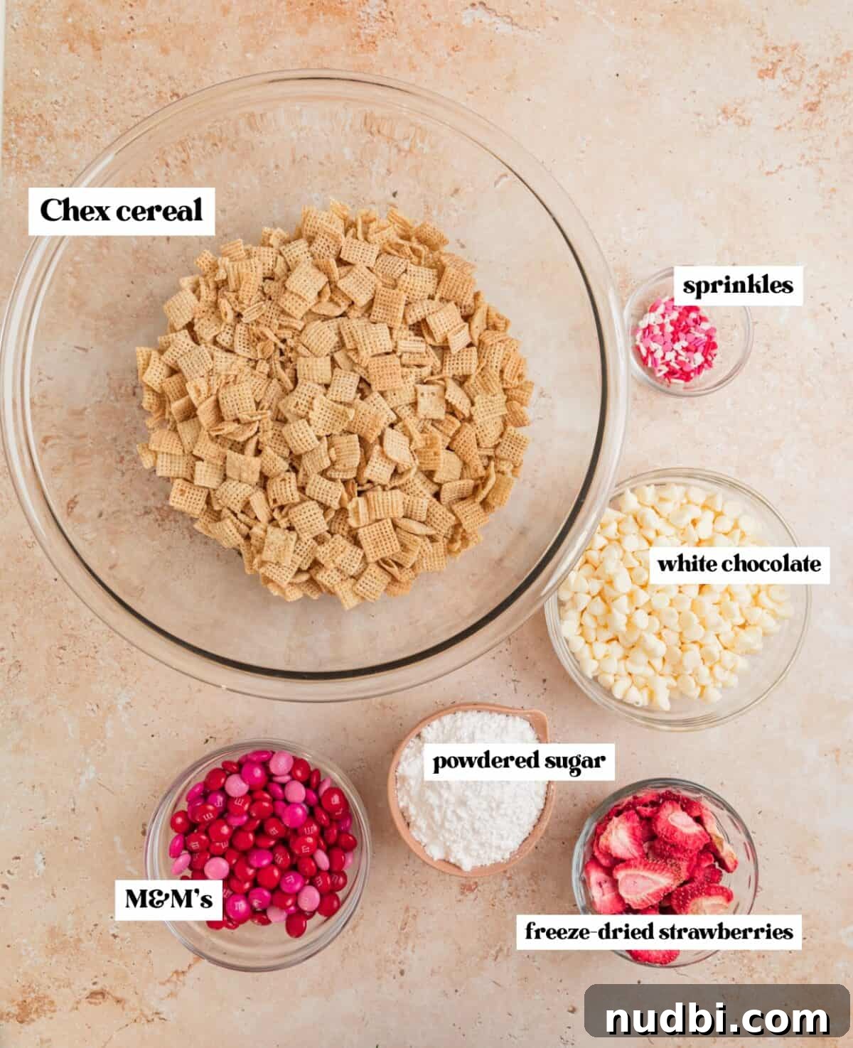 Strawberry Chex Mix Recipe: Sweet, Crunchy Snack for Parties 4 Chex cereal, white chocolate, and other labeled ingredients.