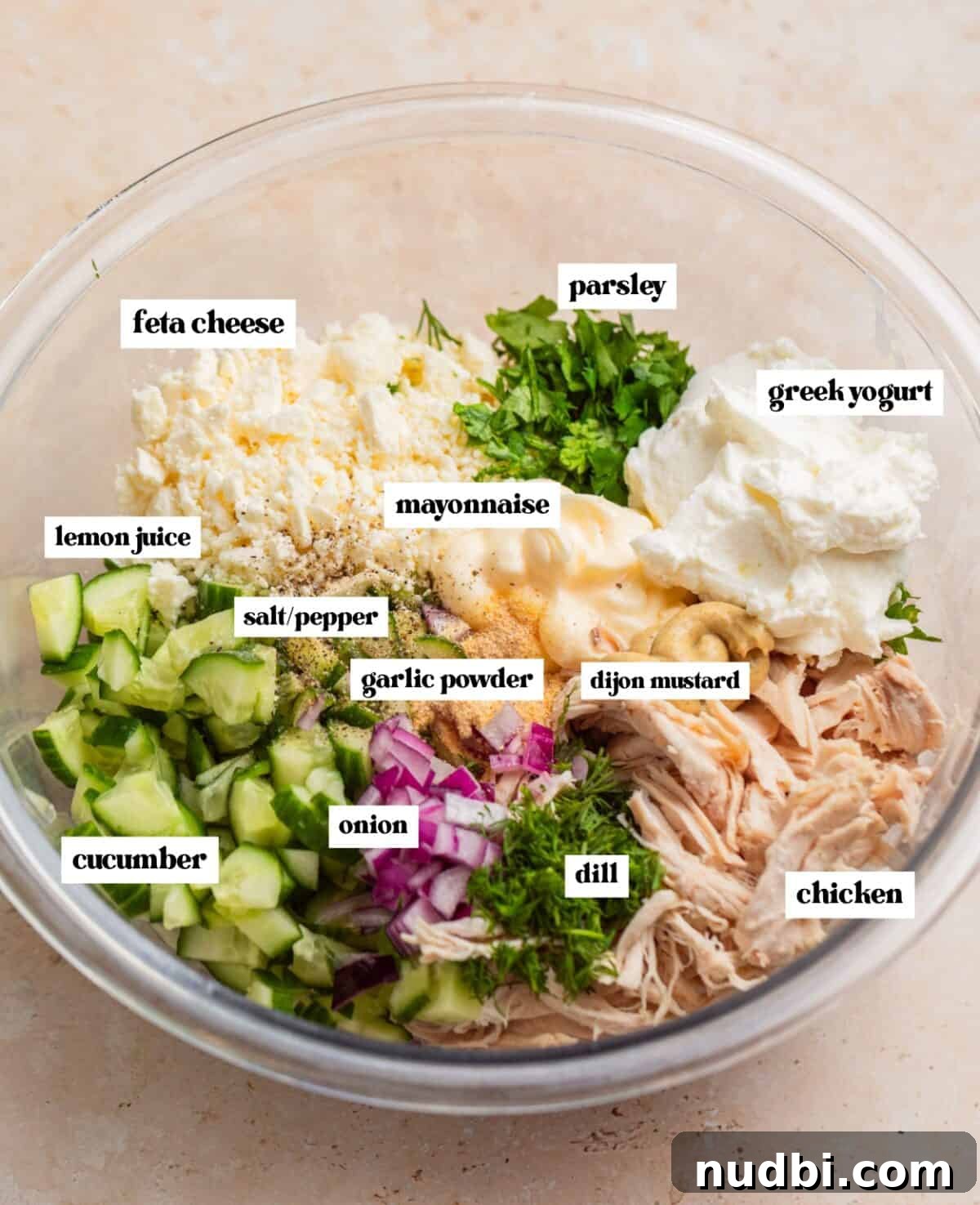 Cucumber, Feta & Chicken Salad with Lemon-Dill Dressing 4 Labeled ingredients in mixing bowl to make chicken salad recipe.