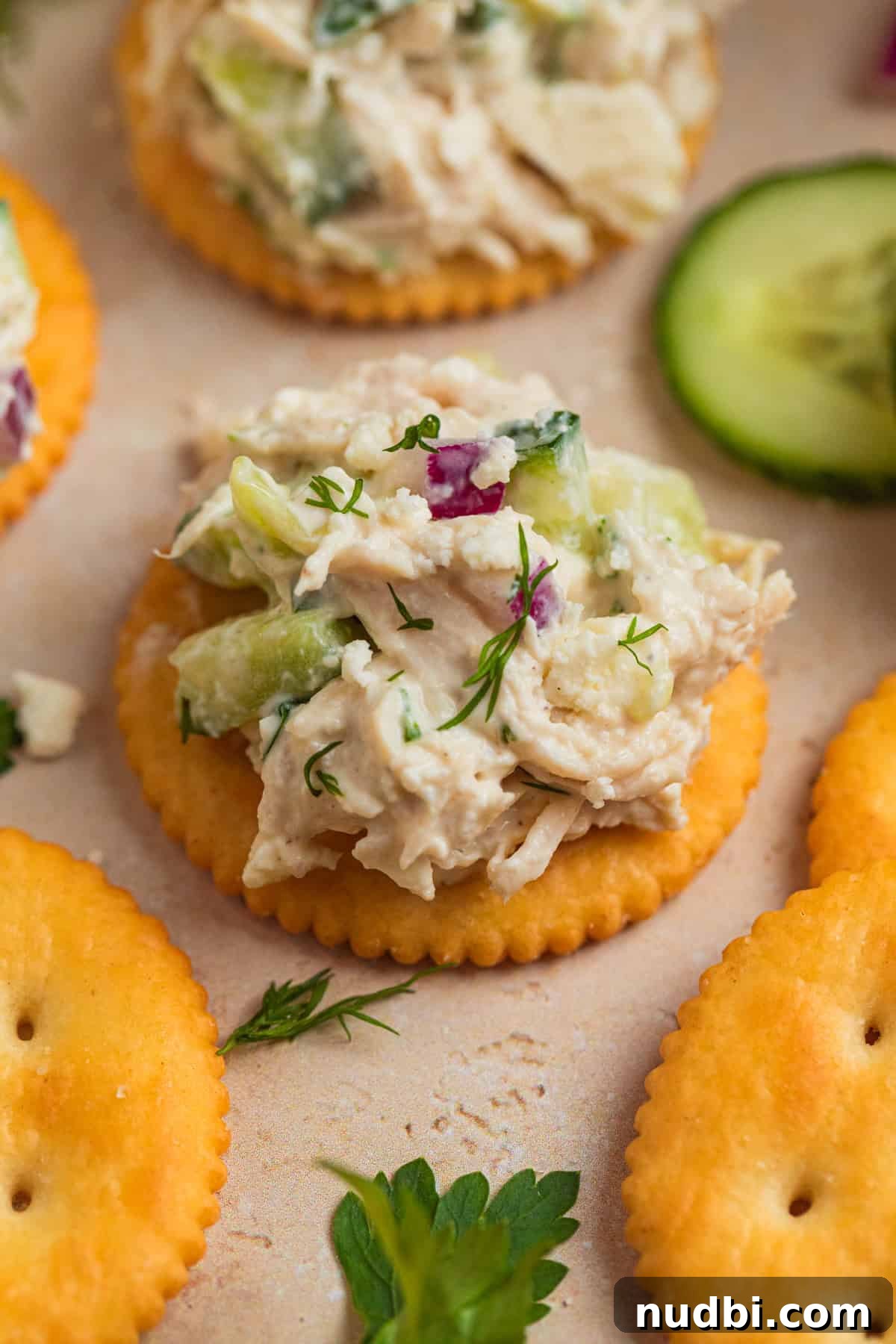 Cucumber, Feta & Chicken Salad with Lemon-Dill Dressing 7 Ritz crackers with chicken salad served on top with fresh dill.