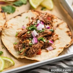 Shredded beef taco topped with cilantro and red onion.