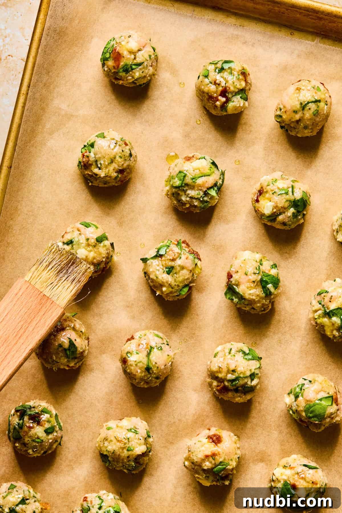 Spinach and Feta Turkey Meatballs with Garlic Herb Sauce 8 Meatballs arranged on parchment lined baking sheet with olive oil being brushed on top.