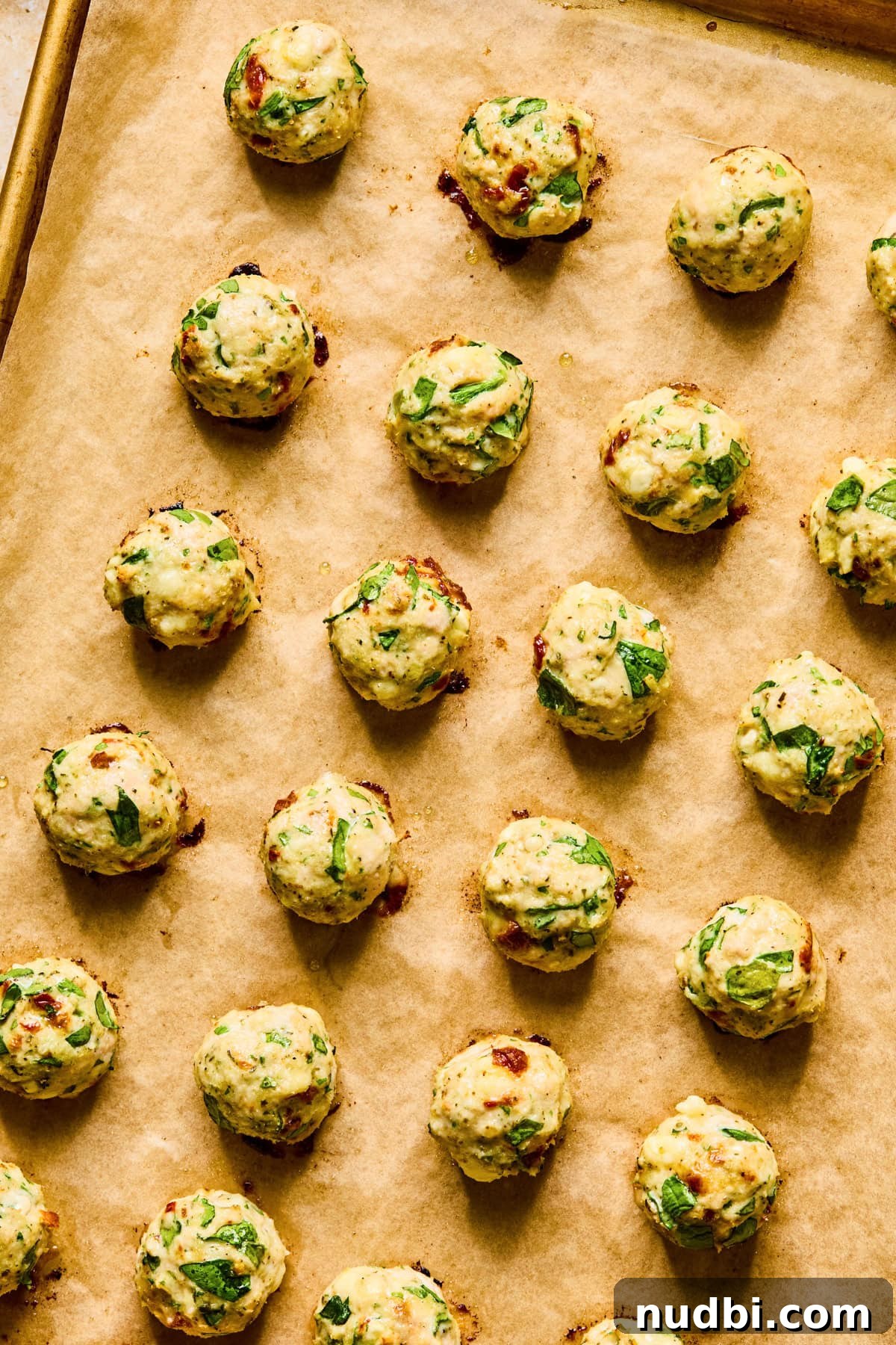 Spinach and Feta Turkey Meatballs with Garlic Herb Sauce 9 Baked meatballs on parchment lined cookie sheet.