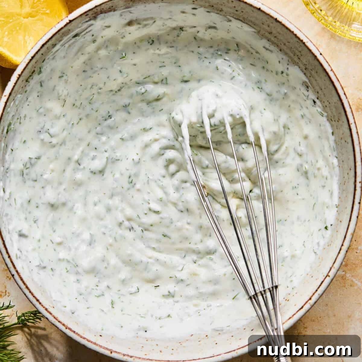 Spinach and Feta Turkey Meatballs with Garlic Herb Sauce 10 Mixed dill yogurt sauce in bowl with whisk.