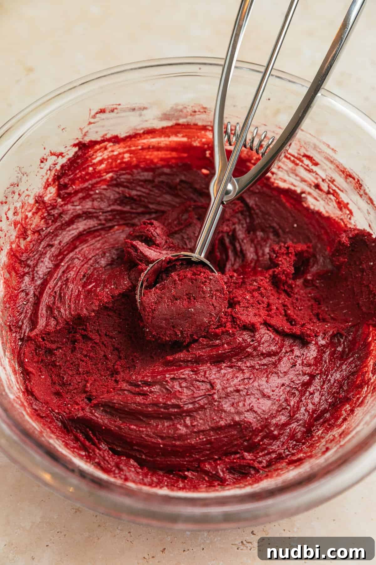 Red Velvet Blossom Cookies Recipe — Soft, Cream Cheese Frosting 8 Cookie dough after being chilled with cookie scoop.