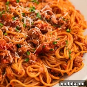Plate with spaghetti tossed in meat sauce with parmesan and herbs over top.