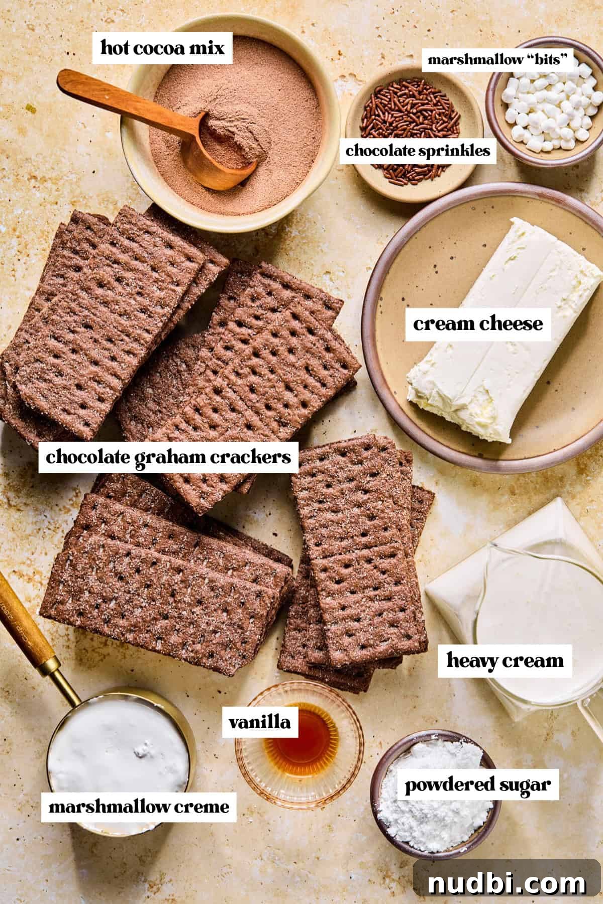 Decadent No-Bake Chocolate Icebox Cake Recipe 4 Hot cocoa mix, cream, chocolate graham crackers and other labeled ingredients.