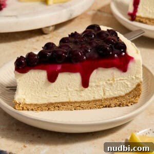 Lemon blueberry cheesecake slice on plate.