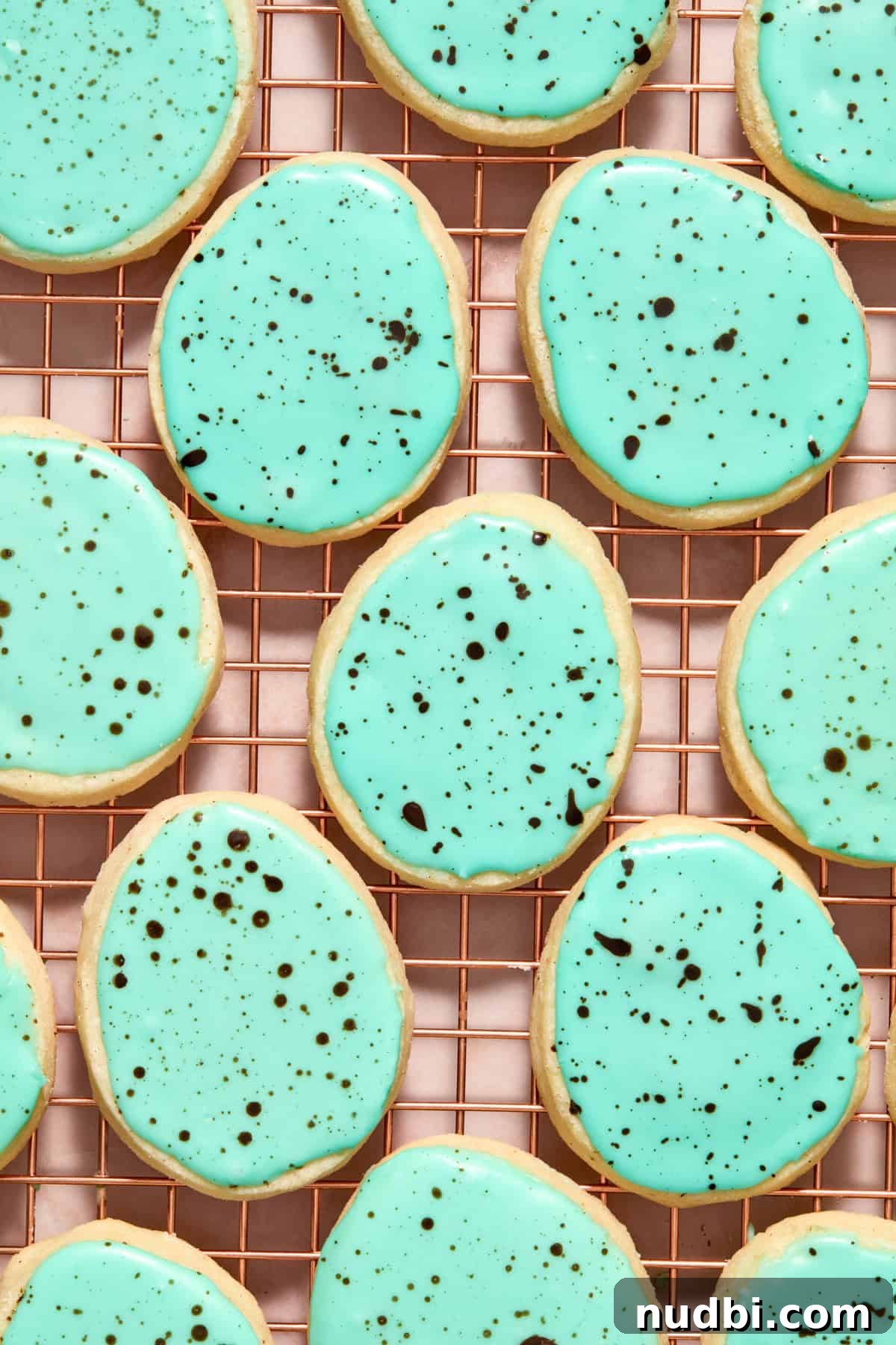 Speckled Easter Egg Shortbread Cookies Recipe 14 Speckled robin egg cookies on cooling rack.