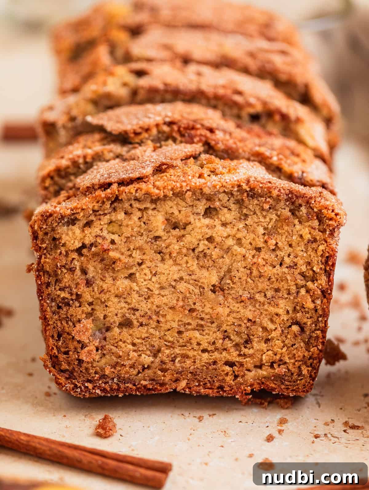 Moist Cinnamon Banana Bread Recipe with Warm Spice Flavor 2 Cinnamon sugar topped banana bread sliced and propped up in a row.