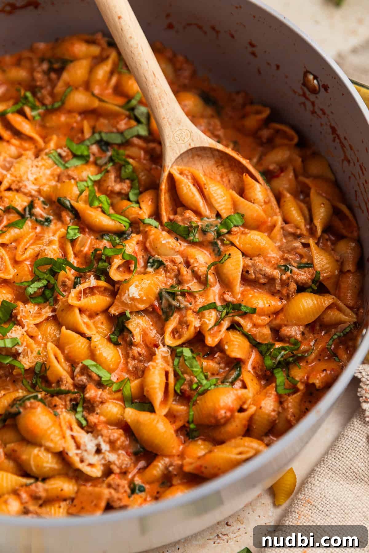 One-Pot Ground Turkey Pasta Dinner Recipe 2 Pasta shells in creamy sauce with ground turkey.