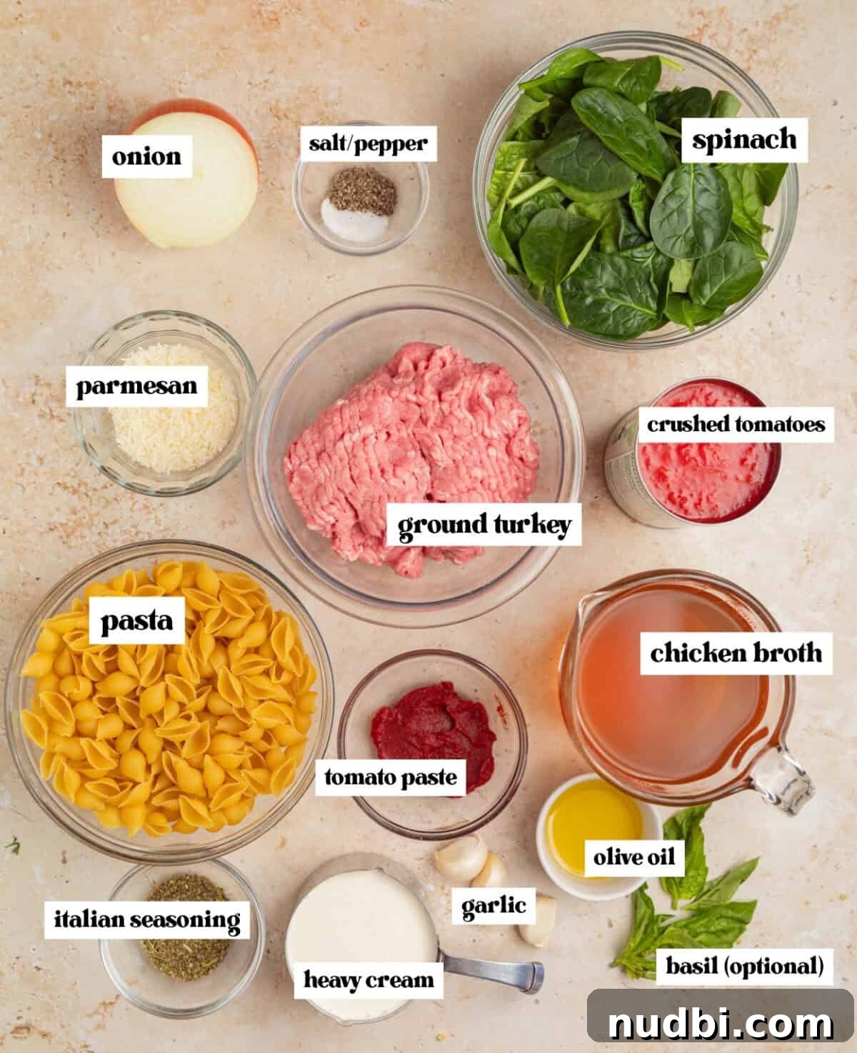 One-Pot Ground Turkey Pasta Dinner Recipe 4 Pasta, spinach, can of crushed tomatoes and other labeled ingredients.