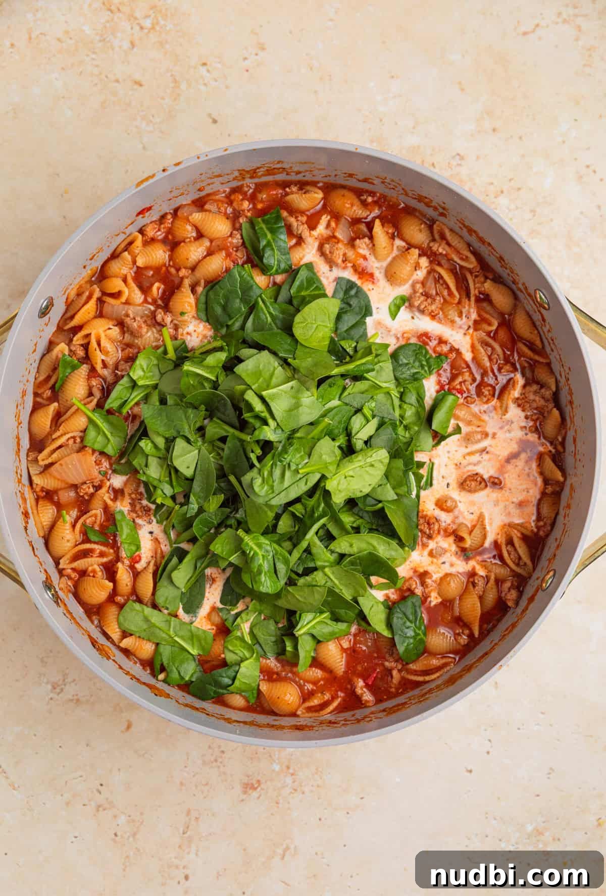 One-Pot Ground Turkey Pasta Dinner Recipe 9 Spinach, cream and parmesan added to one pot pasta.