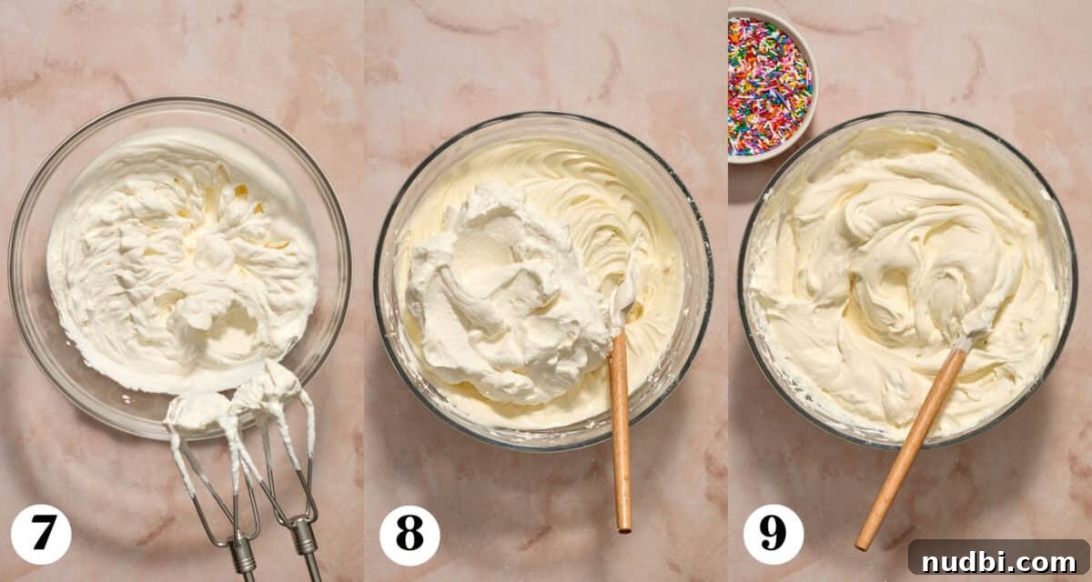 No-Bake Funfetti Cheesecake Recipe for Celebrations 7 Collage with whipping cream whipped and then folded into cheesecake mixture in bowl.