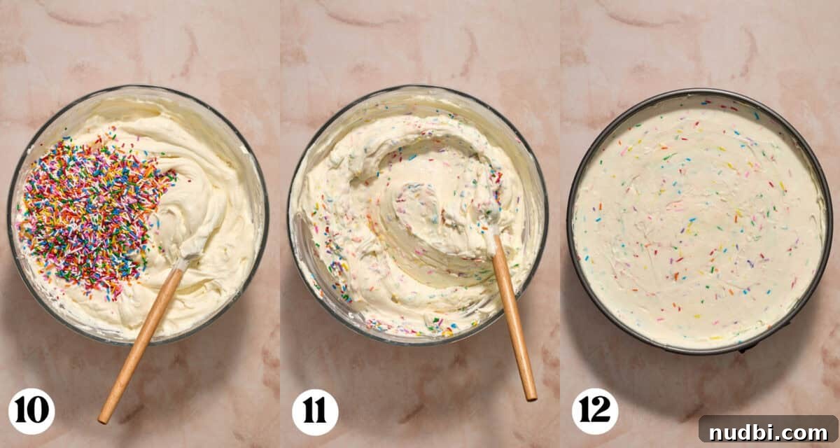 No-Bake Funfetti Cheesecake Recipe for Celebrations 8 Sprinkles added to funfetti cheesecake mixture and then poured into pie pan.