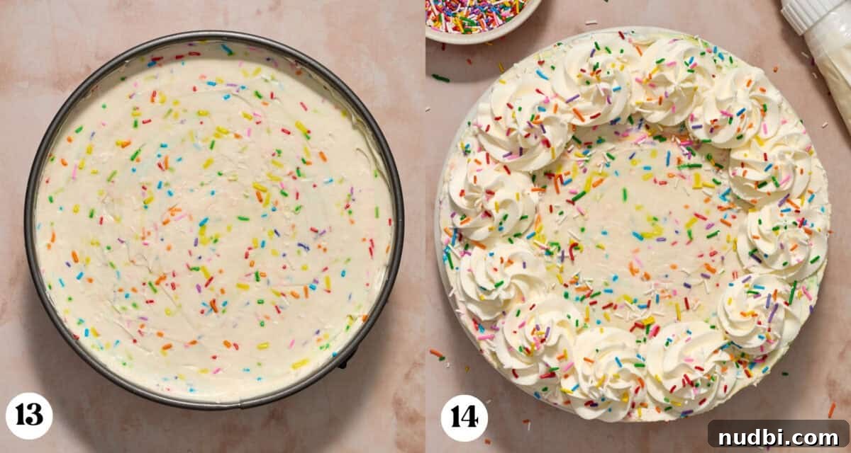 No-Bake Funfetti Cheesecake Recipe for Celebrations 9 Set no-bake funfetti cheesecake in pan and then decorated with piped whipped cream and more sprinkles.