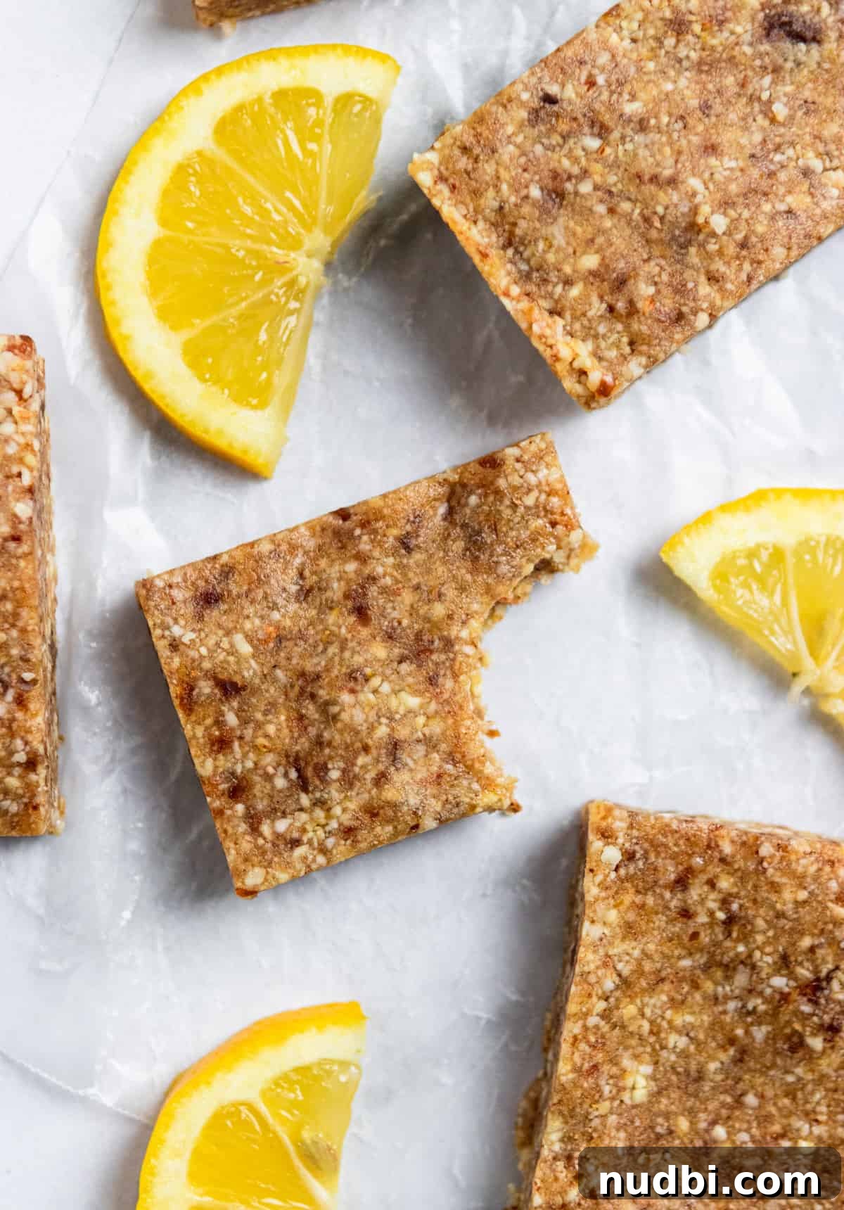 No-Bake Lemon Coconut Bars Recipe — Tangy No-Oven Dessert 2 Homemade Lemon Coconut Energy Bars on parchment with fresh lemon.