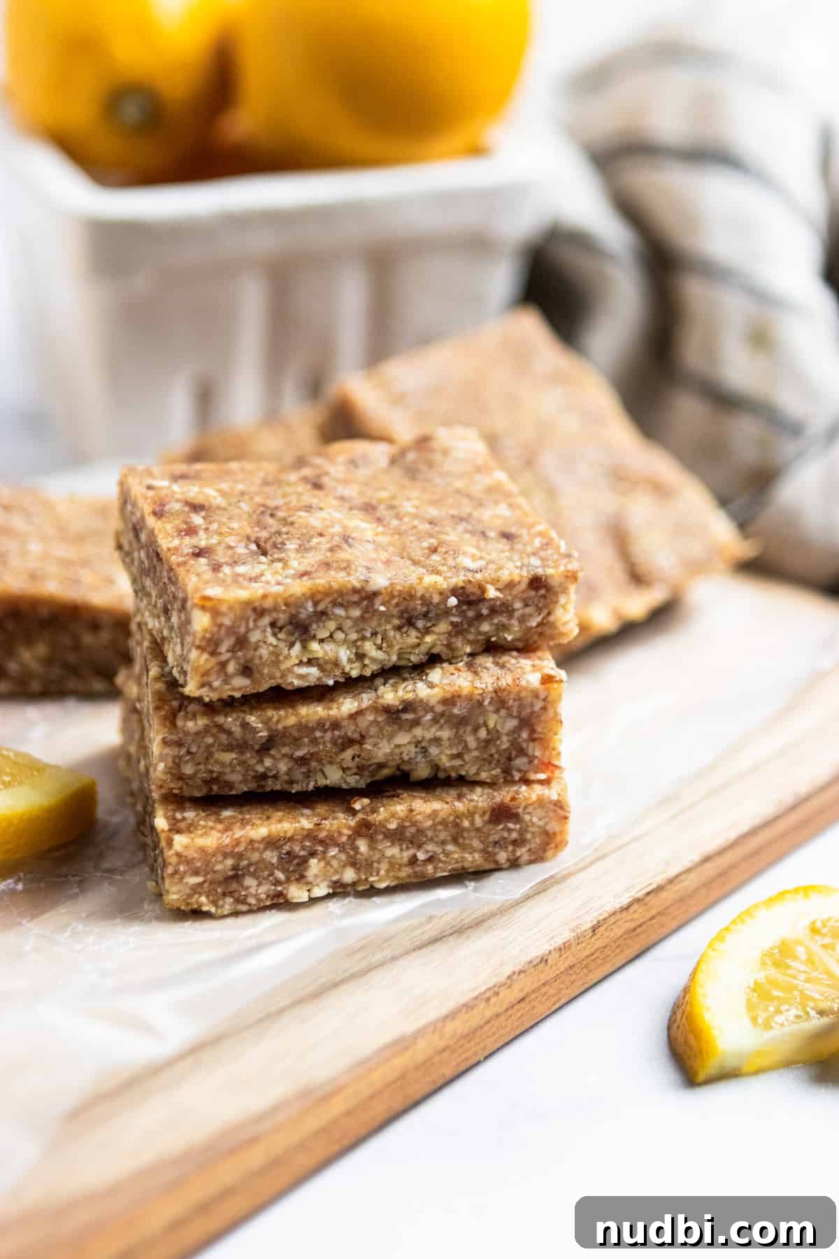 No-Bake Lemon Coconut Bars Recipe — Tangy No-Oven Dessert 6 Stack of lemon coconut bars on cutting board with fresh lemons.