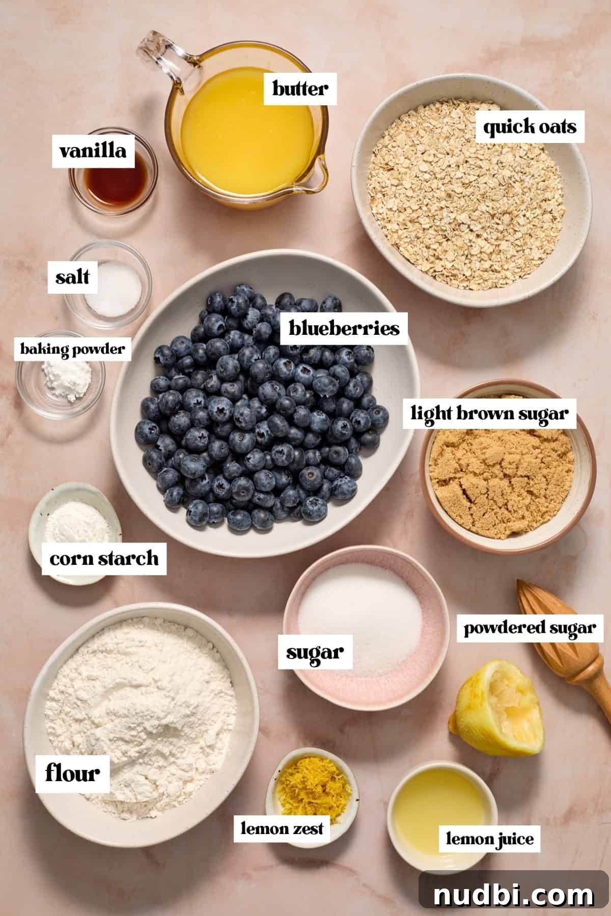 Blueberries, quick oats, sugars, lemon and other ingredients labeled on surface.