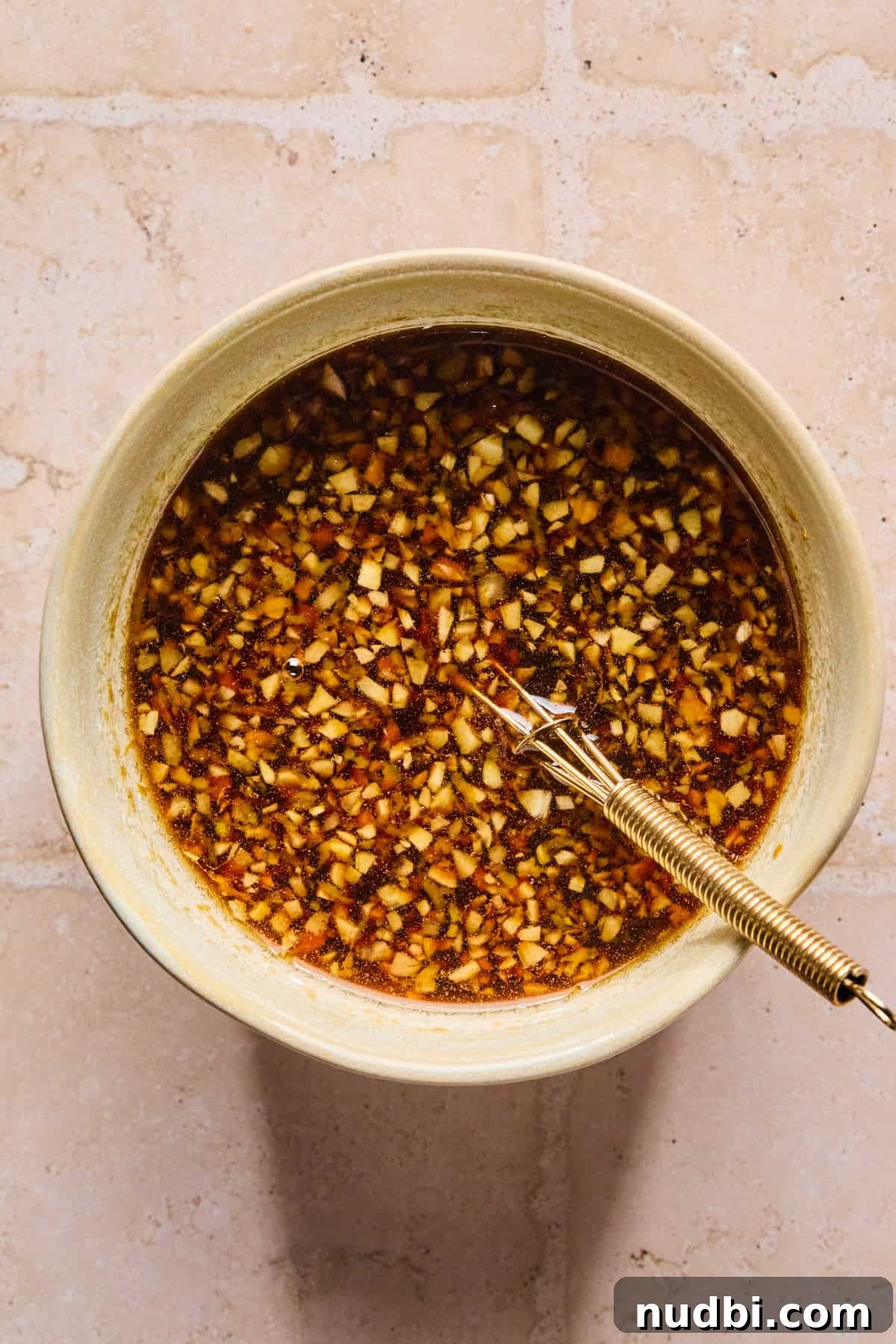 Crispy Grilled Teriyaki Salmon with Sticky Glaze Recipe 5 Teriyaki marinade ingredients in bowl with whisk.