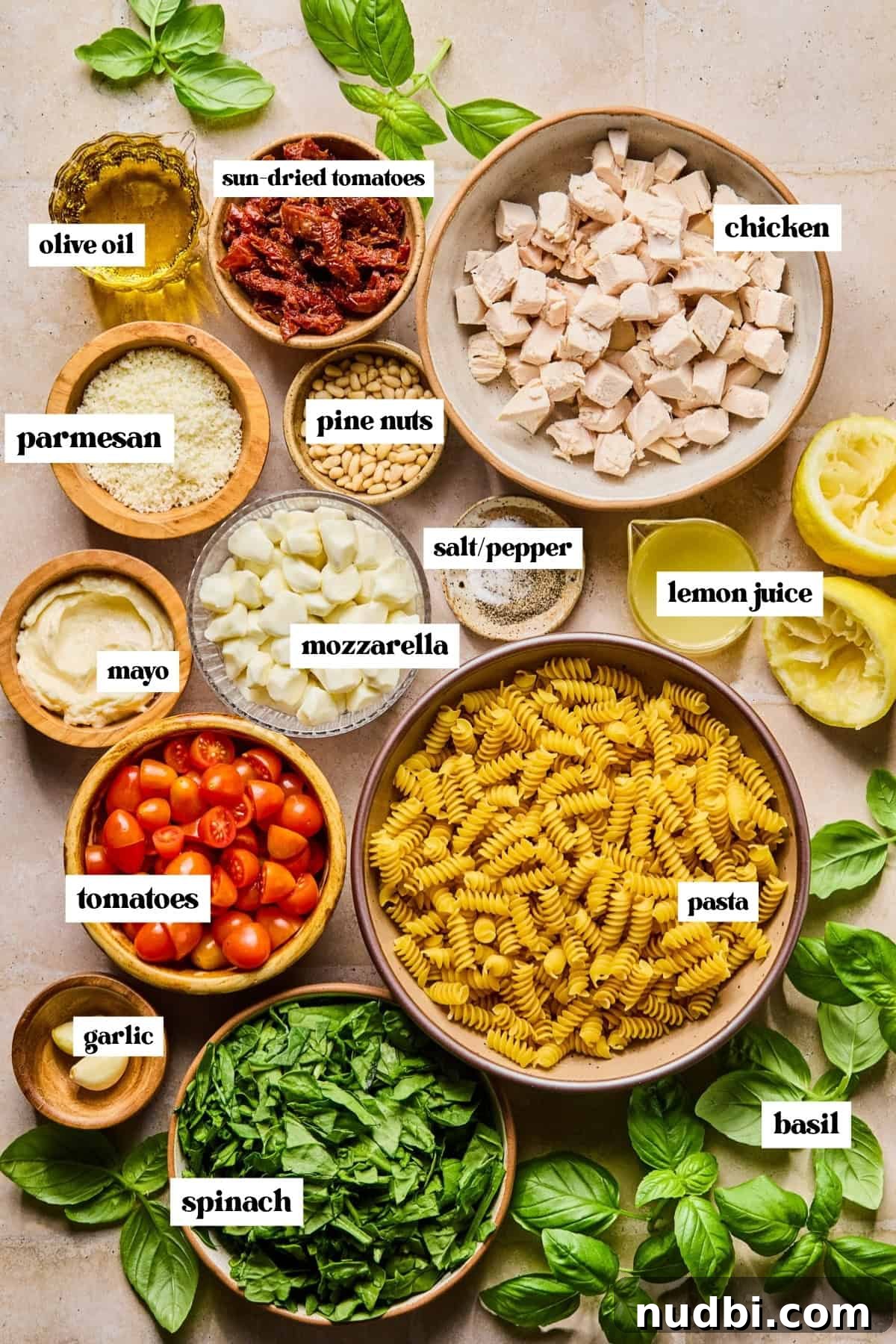 Pesto Chicken Pasta Salad with Sun-Dried Tomatoes and Basil 4 Spinach, basil, chicken, pasta and other ingredients for recipe labeled on surface.