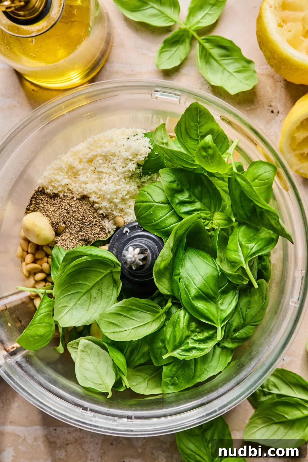 Pesto Chicken Pasta Salad with Sun-Dried Tomatoes and Basil 5 Basil, garlic, parmesan and other ingredients in food processor.