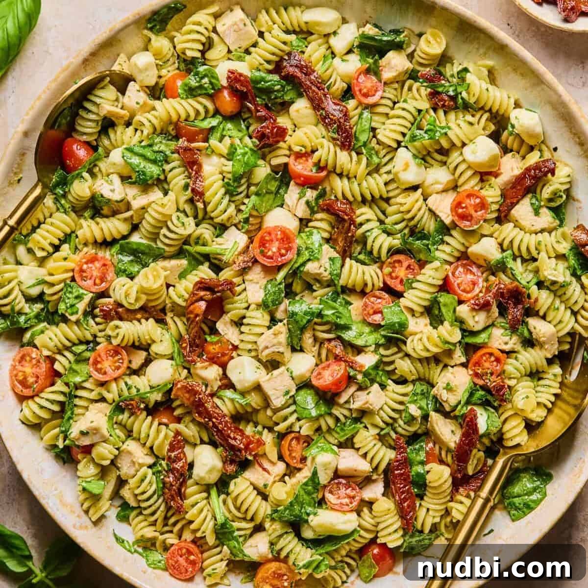 Pesto Chicken Pasta Salad with Sun-Dried Tomatoes and Basil 10 Chicken pesto pasta salad prepared in bowl.