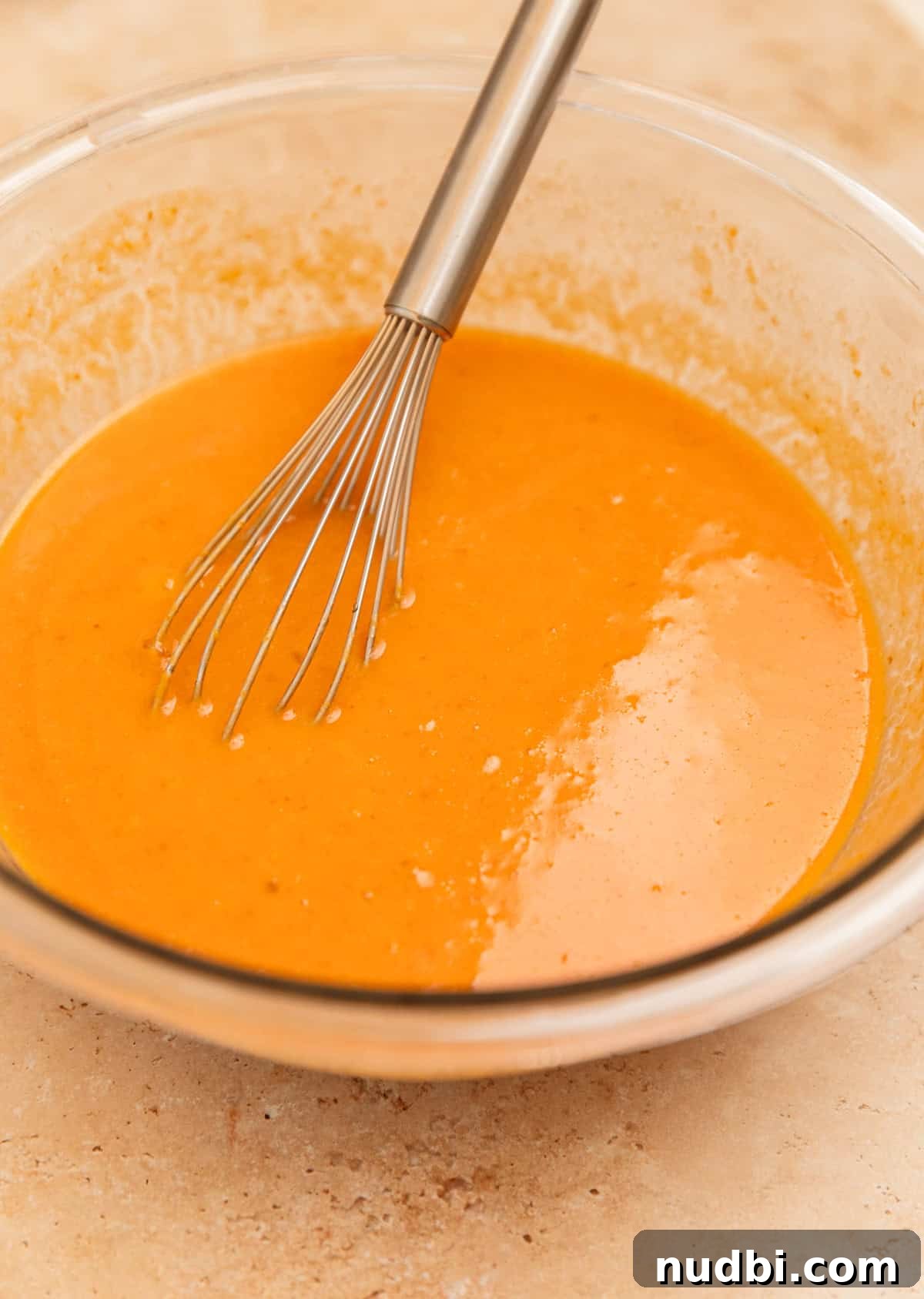 Pumpkin and egg mixture in bowl with whisk.