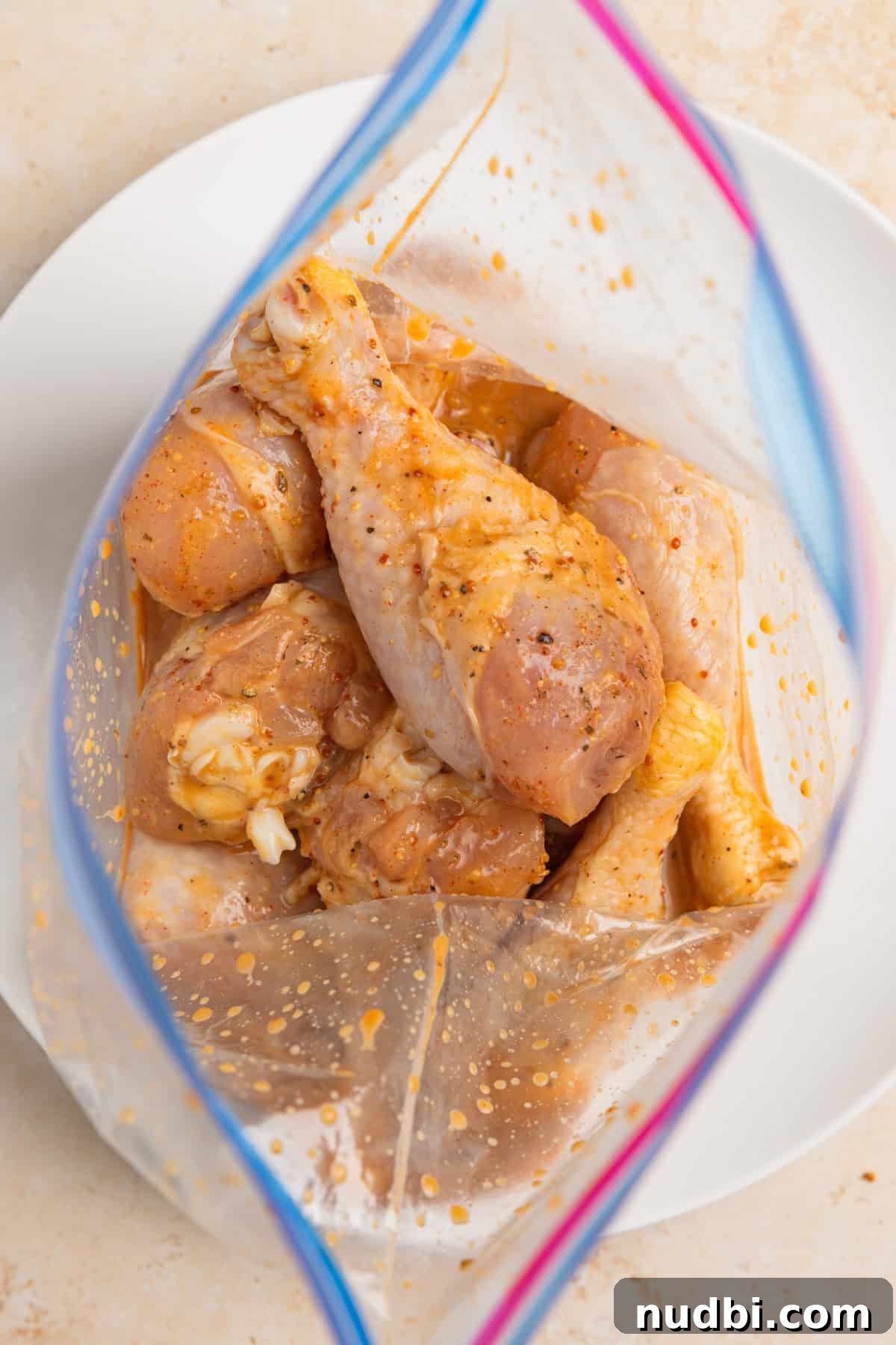 Sticky Honey Mustard Chicken Drumsticks Recipe 8 Marinated chicken legs in bag.